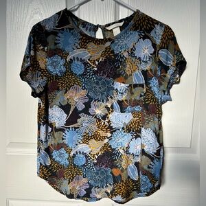 H & M Blue & Yellow Floral Casual Short Sleeve Blouse Size 6